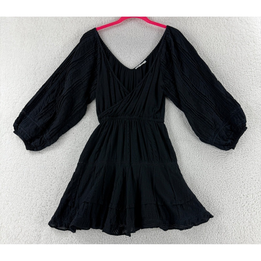 Tularosa Cora Mini Dress Womens Size‎ XS Black V-Neck Long Puffy Sleeve Pullover
